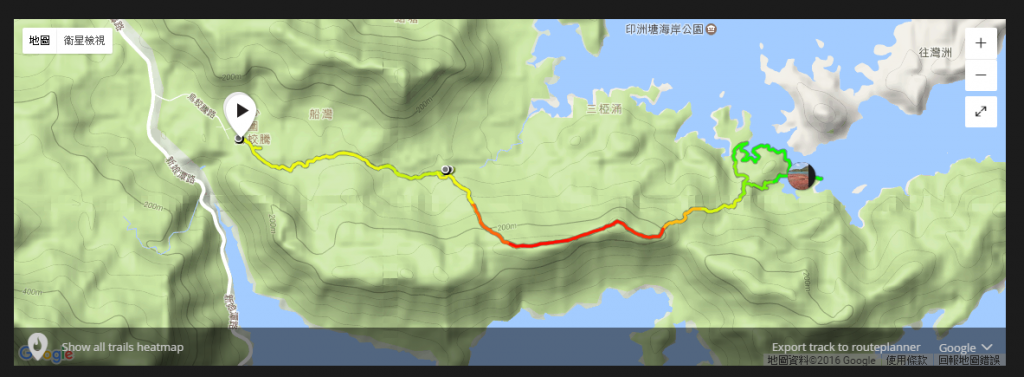 由烏蛟騰步行至紅石門的路線圖，紅色部分是指超過200m 的路線。